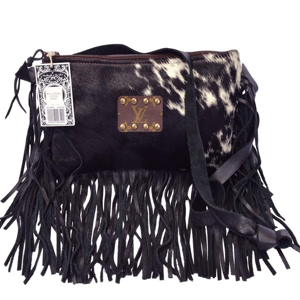 BRAND NEW!  'Keep it Gypsy' LV Upcycled Hair on Hide Leather Fringe Cowhide Bag
